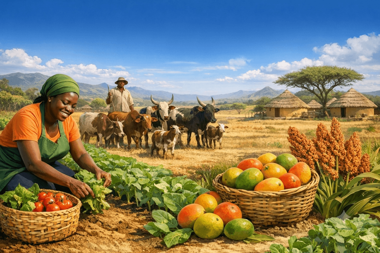 A SAFE Africa field researcher harvesting tomatoes and kale beside grazing cattle, ripe mangoes, and sorghum on a Kenyan smallholder farm
